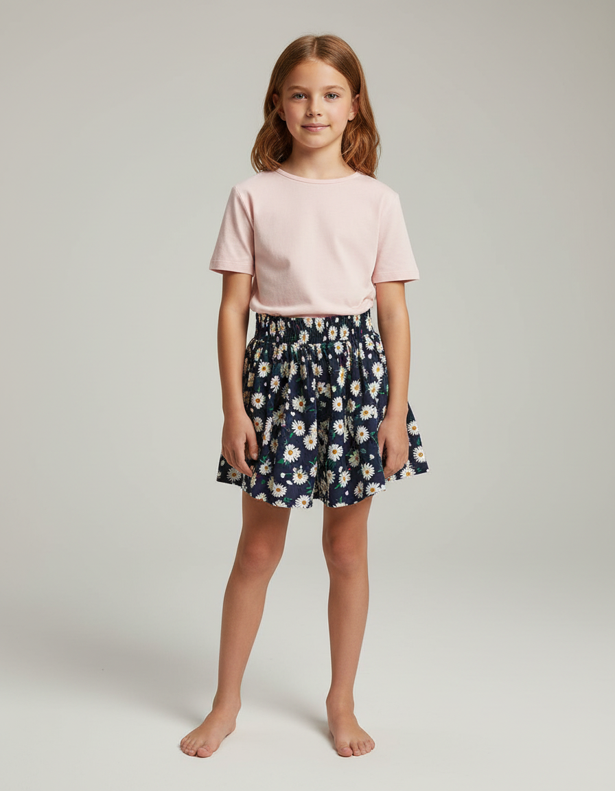 Pantalon Jupe Bleu Marine Fleuri Élastique Confortable Fille - Coton