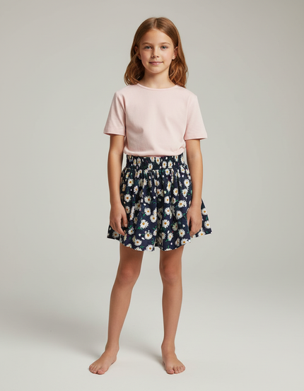 Pantalon Jupe Bleu Marine Fleuri Élastique Confortable Fille - Coton