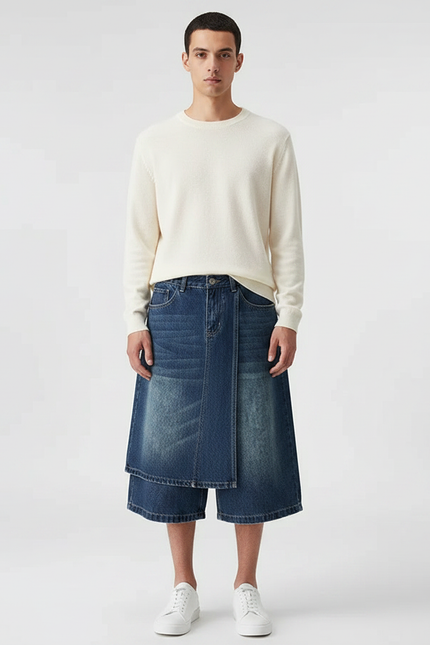Pantalon Jupe Jean Bleu Superposé Ample Décontracté