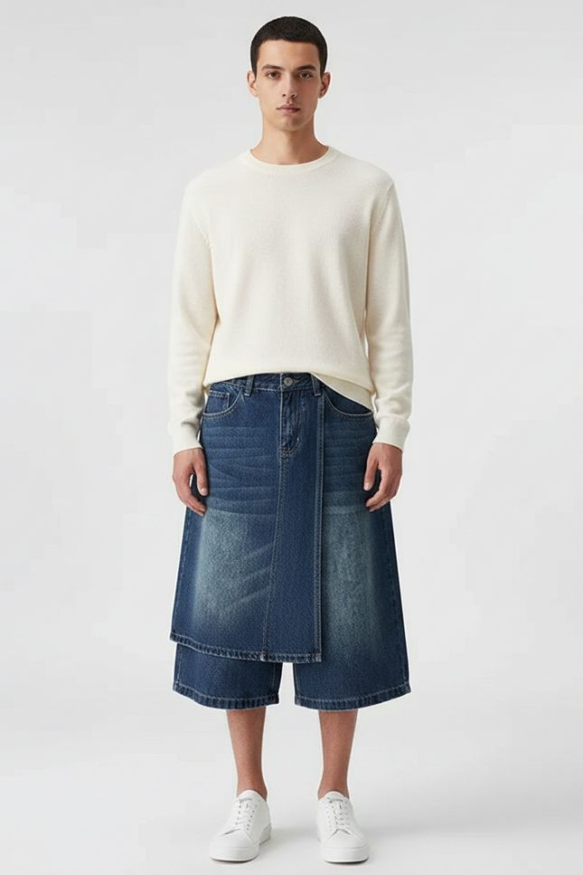 Pantalon Jupe Jean Bleu Superposé Ample Décontracté