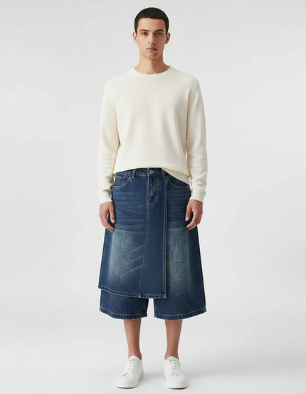 Pantalon Jupe Jean Bleu Superposé Ample Décontracté