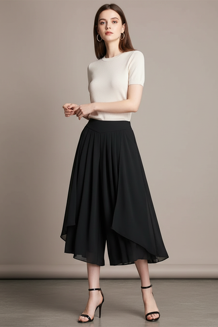 Pantalon Jupe Noir Plissé Fluide Asymétrique Élégant - Polyester