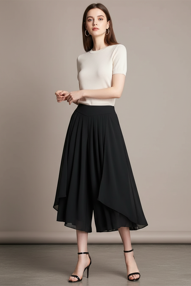 Pantalon Jupe Noir Plissé Fluide Asymétrique Élégant - Polyester