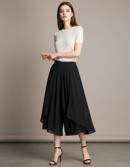 Pantalon Jupe Noir Plissé Fluide Asymétrique Élégant - Polyester