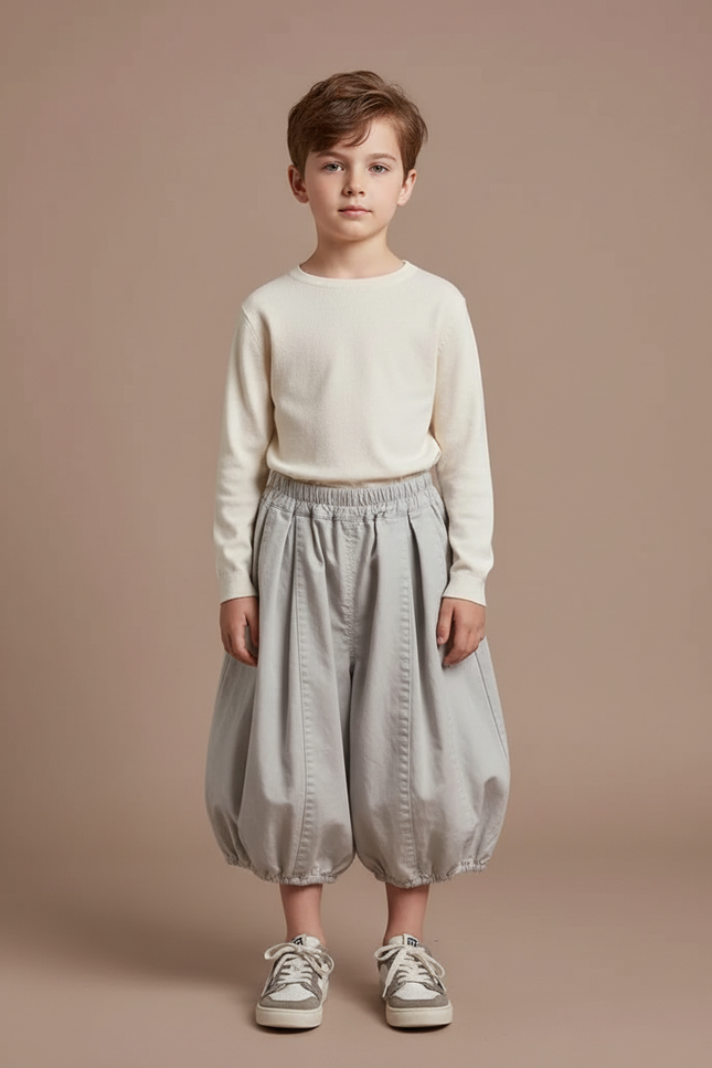 Pantalon Jupe Garçon Gris Ample Coton Plissé