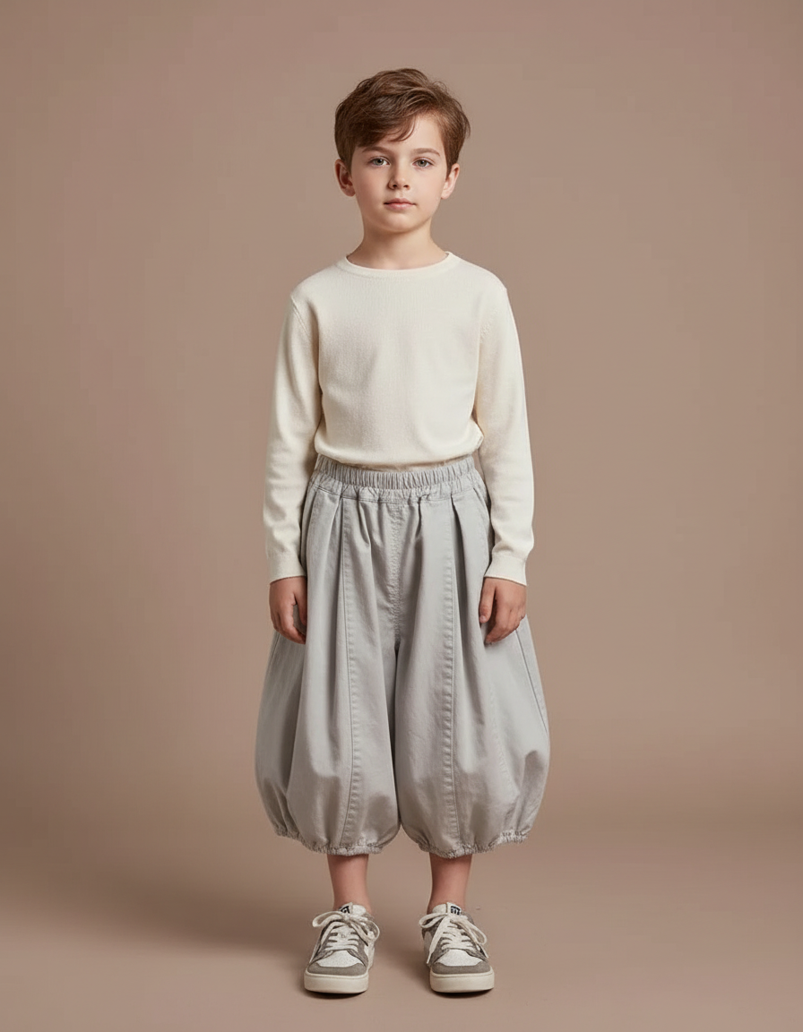 Pantalon Jupe Garçon Gris Ample Coton Plissé