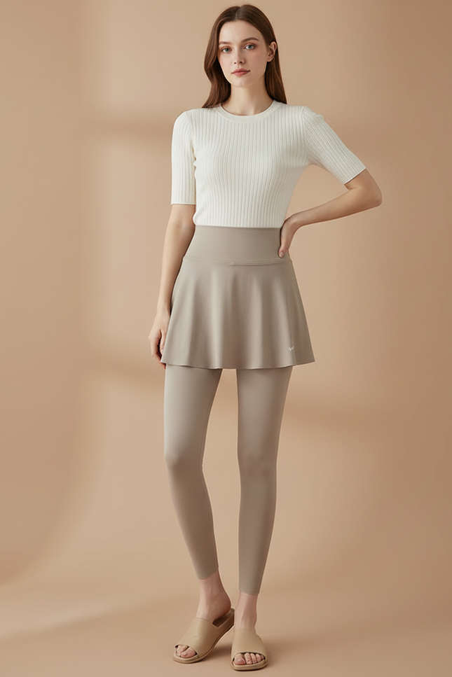 Pantalon Jupe Beige Intégré Sportif Stretch Uni - Polyester