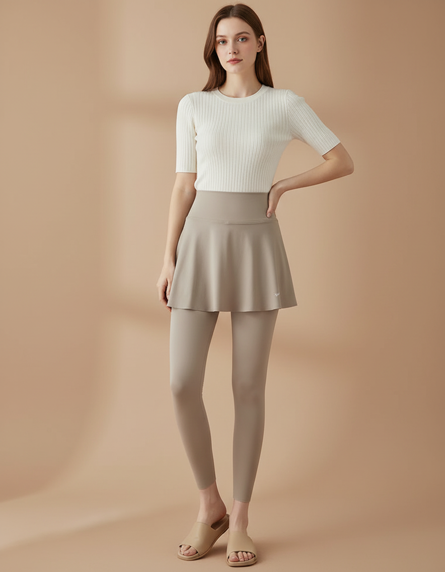 Pantalon Jupe Beige Intégré Sportif Stretch Uni - Polyester
