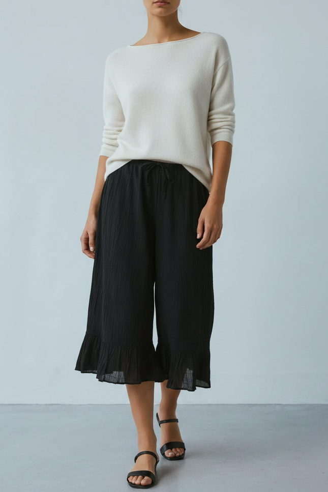 Pantalon Jupe Noir Ample Fluide Volants Coton