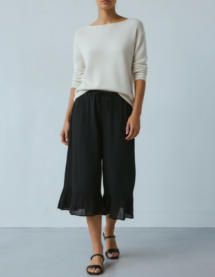 Pantalon Jupe Noir Ample Fluide Volants Coton