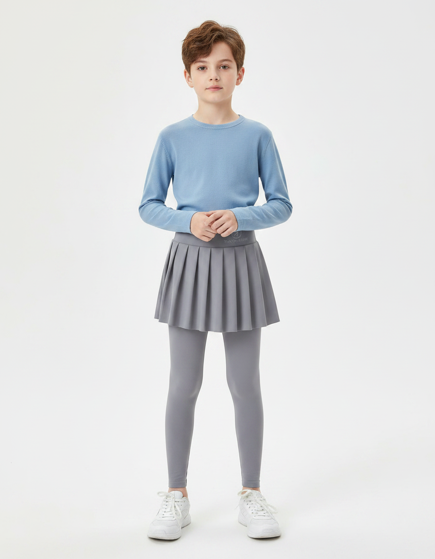 Pantalon Jupe Gris Plissé Legging Enfant Confortable - Polyester