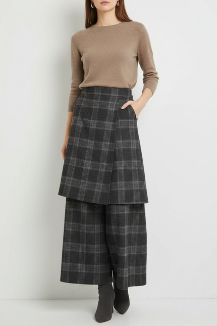 Pantalon Jupe Carreaux Gris Laine Ample Superposé Élégant Femme