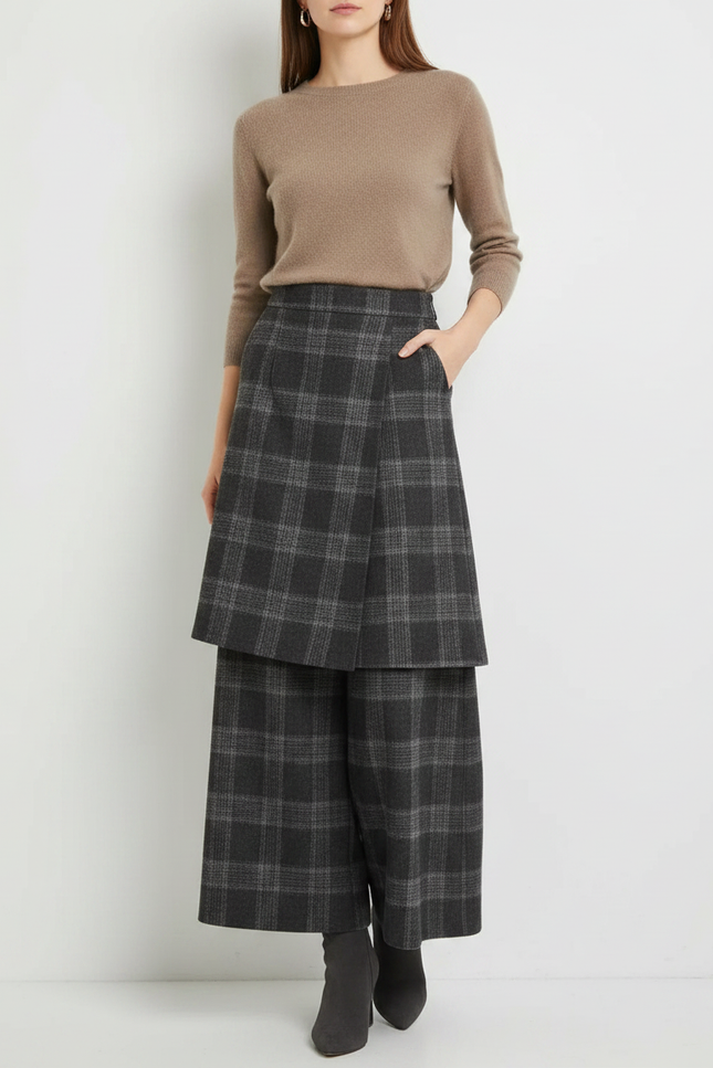 Pantalon Jupe Carreaux Gris Laine Ample Superposé Élégant Femme