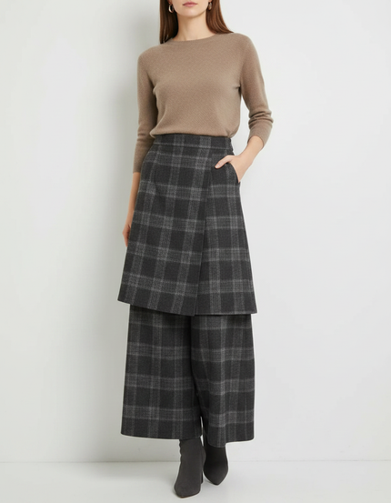 Pantalon Jupe Carreaux Gris Laine Ample Superposé Élégant Femme