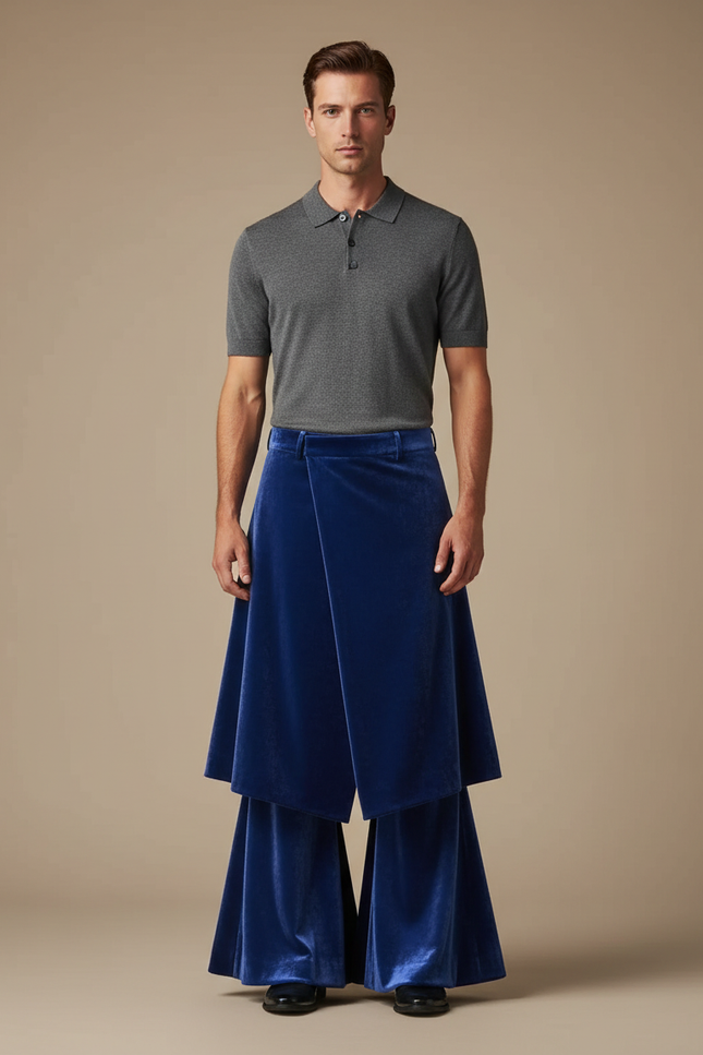 Pantalon Jupe Velours Bleu Évasé Superposé Homme