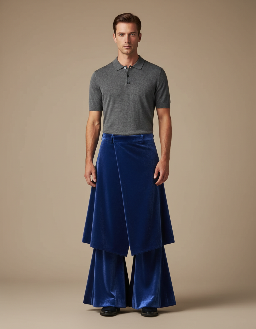 Pantalon Jupe Velours Bleu Évasé Superposé Homme