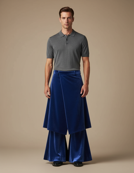 Pantalon Jupe Velours Bleu Évasé Superposé Homme