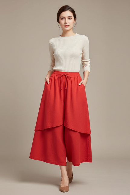Pantalon Jupe Rouge Ample Lin Superposé Décontracté