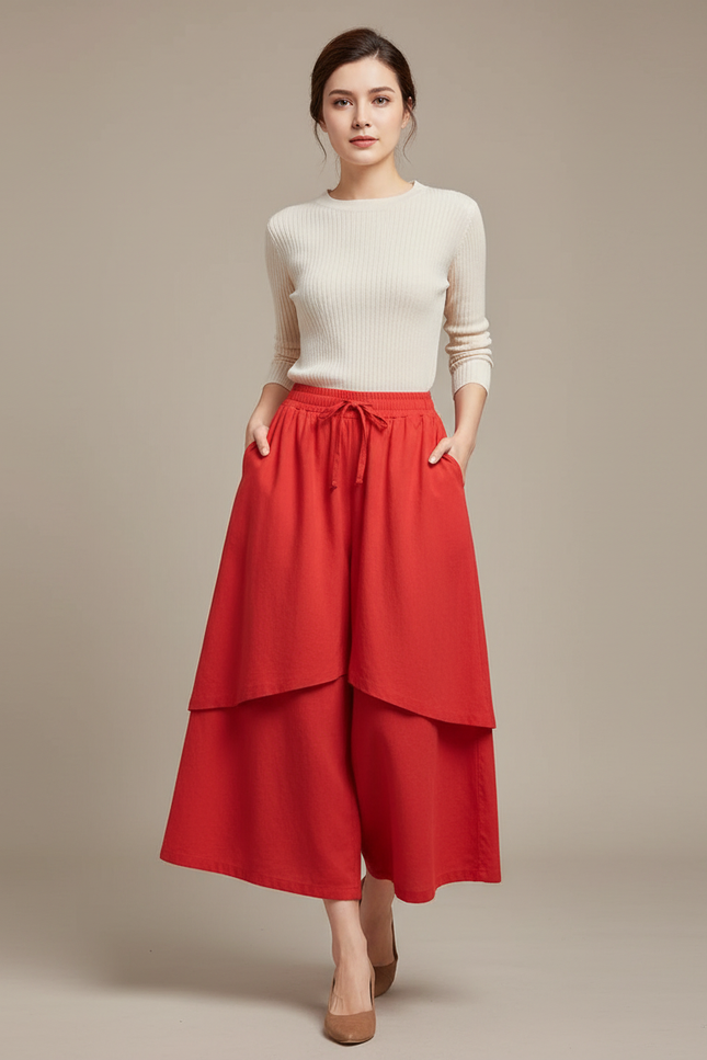Pantalon Jupe Rouge Ample Lin Superposé Décontracté