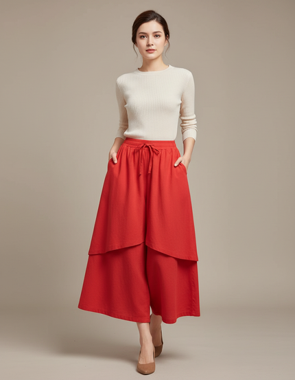 Pantalon Jupe Rouge Ample Lin Superposé Décontracté