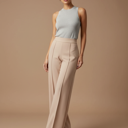 Pantalon Jupe Beige Évasé Plissé Fluide Élégant - Polyester