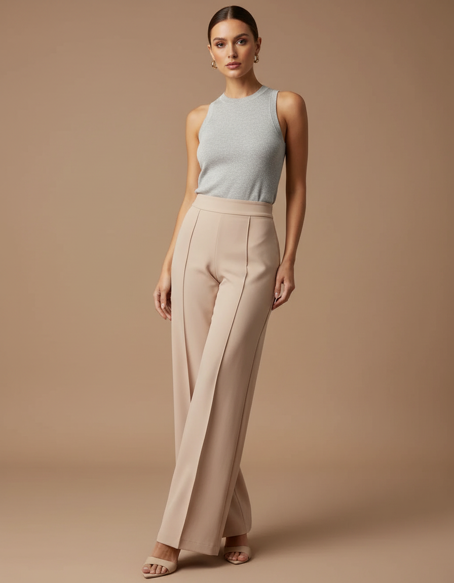 Pantalon Jupe Beige Évasé Plissé Fluide Élégant - Polyester