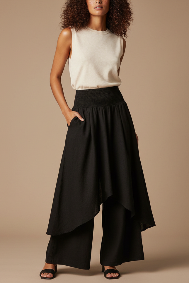 Pantalon Jupe Noir Ample Superposé Fluide Élégant - Viscose