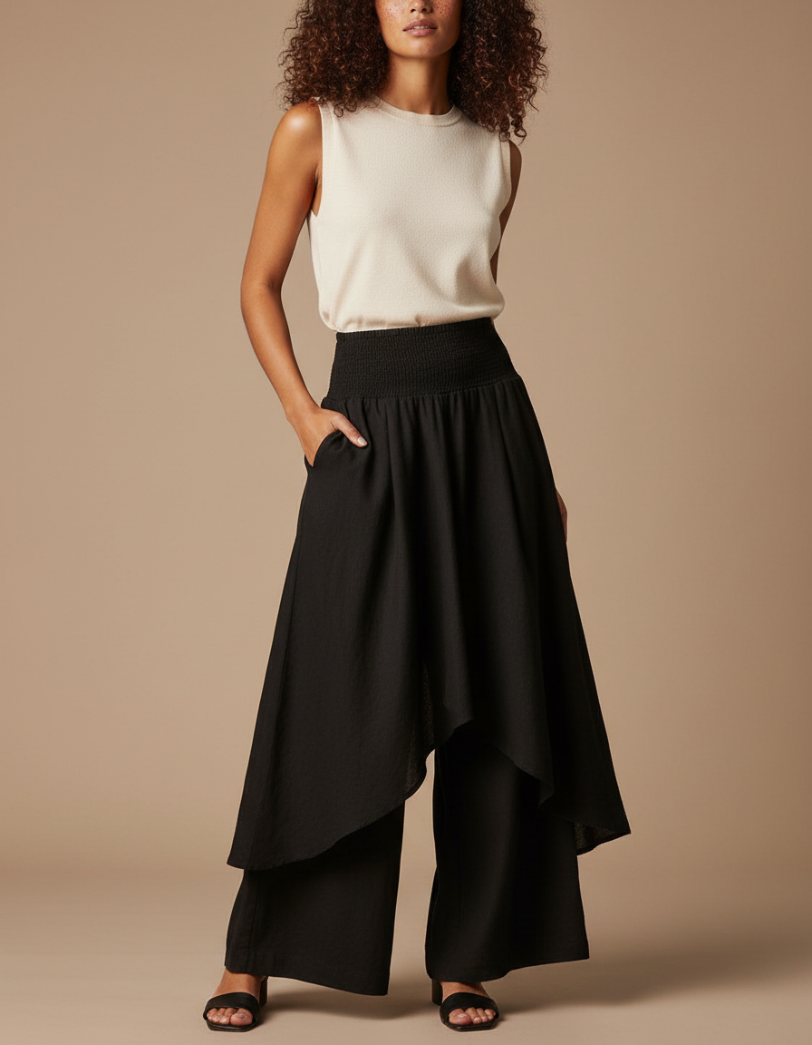 Pantalon Jupe Noir Ample Superposé Fluide Élégant - Viscose