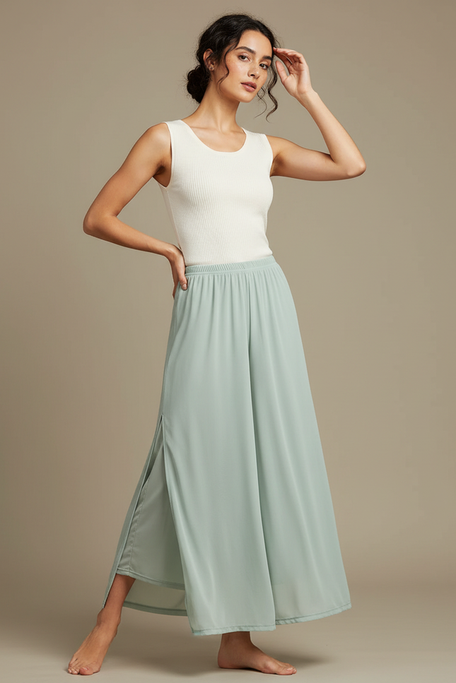 Pantalon Jupe Vert Menthe Fluide Fendu Chiffon Léger - Polyester