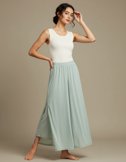 Pantalon Jupe Vert Menthe Fluide Fendu Chiffon Léger - Polyester