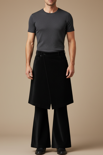 Pantalon Jupe Noir Velours Évasé Superposé Homme