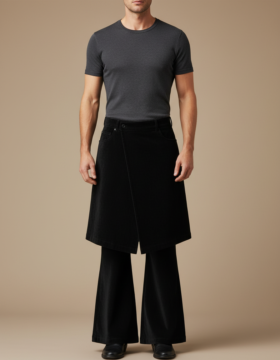 Pantalon Jupe Noir Velours Évasé Superposé Homme