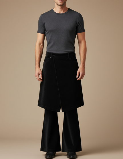 Pantalon Jupe Noir Velours Évasé Superposé Homme