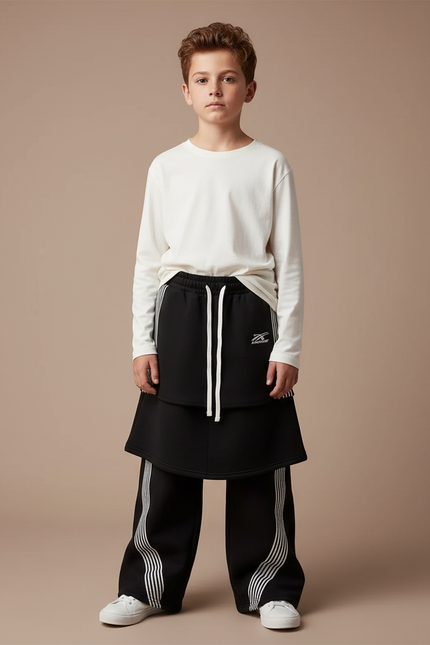 Pantalon Jupe Noir Ample Rayures Blanches - Molleton