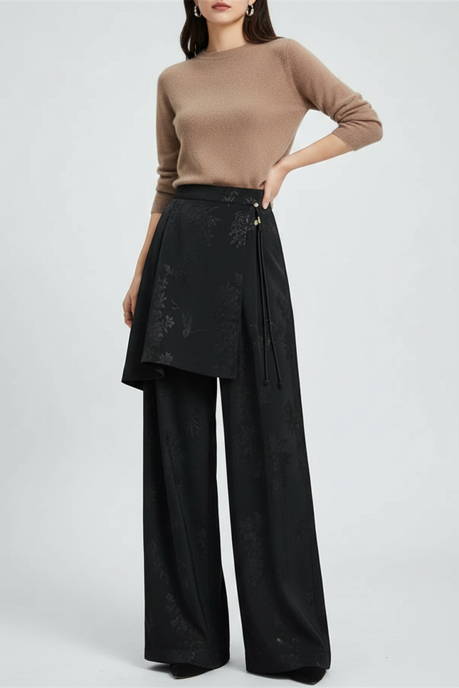 Pantalon Jupe Noir Jacquard Satin Ample Élégant