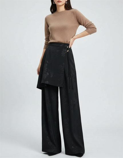 Pantalon Jupe Noir Jacquard Satin Ample Élégant