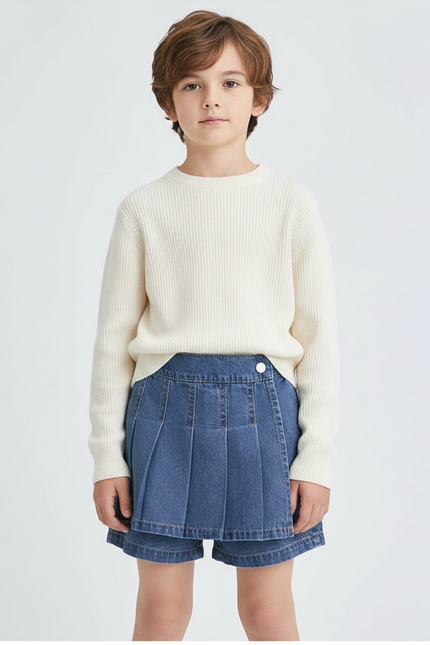 Pantalon Jupe Plissé Denim Enfant Décontracté Vintage - Bleu Jean