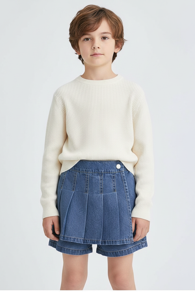 Pantalon Jupe Plissé Denim Enfant Décontracté Vintage - Bleu Jean