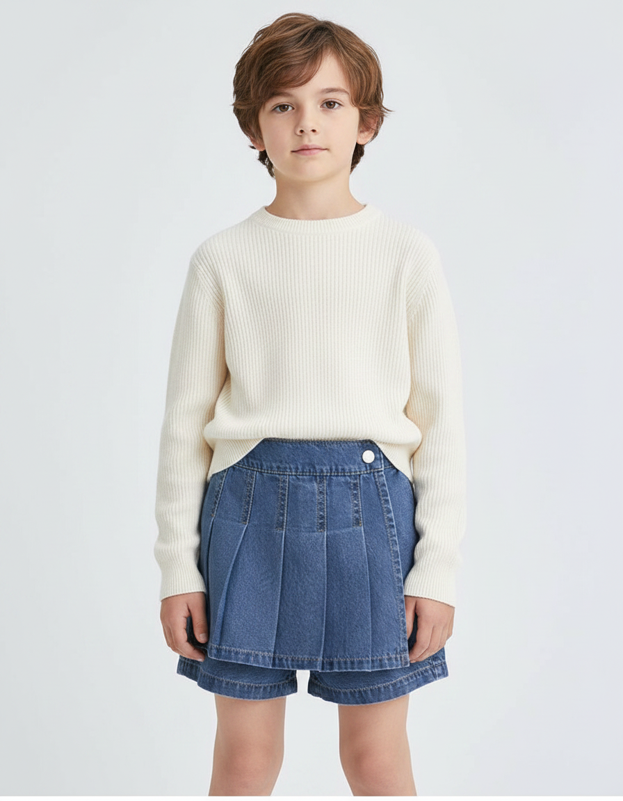 Pantalon Jupe Plissé Denim Enfant Décontracté Vintage - Bleu Jean