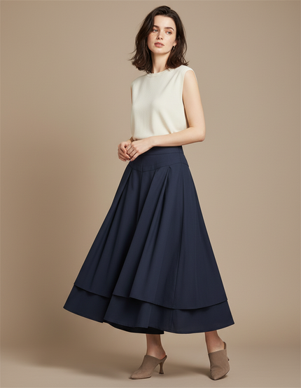 Pantalon Jupe Bleu Marine Ample Superposé Élégant - Polyester