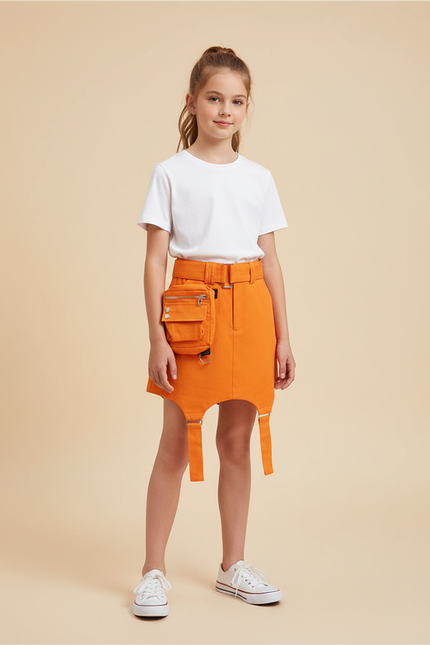 Pantalon Jupe Orange Cargo Courte Décontractée Poches - Toile