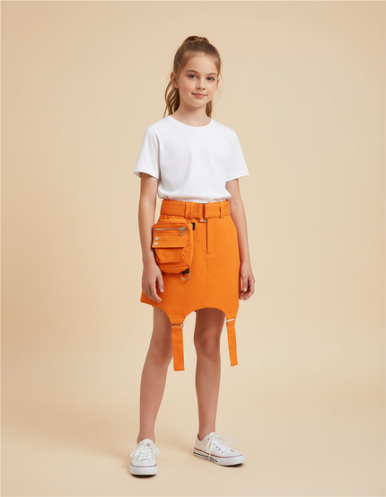 Pantalon Jupe Orange Cargo Courte Décontractée Poches - Toile
