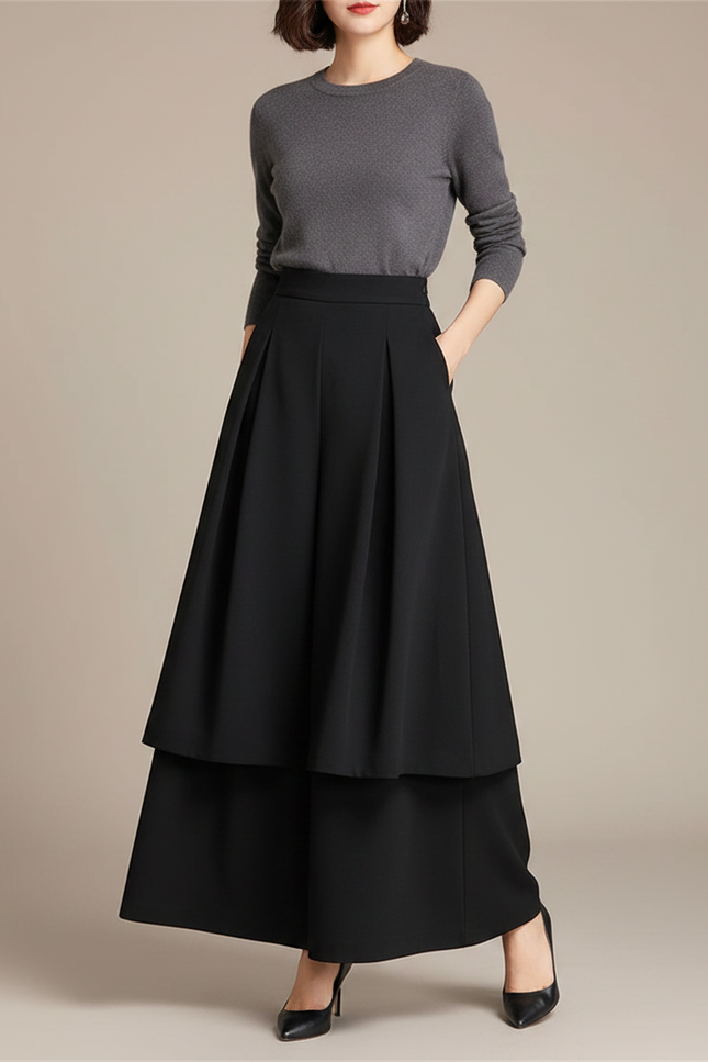 Pantalon Jupe Noir Ample Superposé Plissé Femme - Polyester