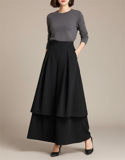 Pantalon Jupe Noir Ample Superposé Plissé Femme - Polyester