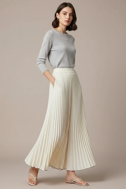 Pantalon Jupe Plissé Ample Fluide Élégant Beige - Polyester