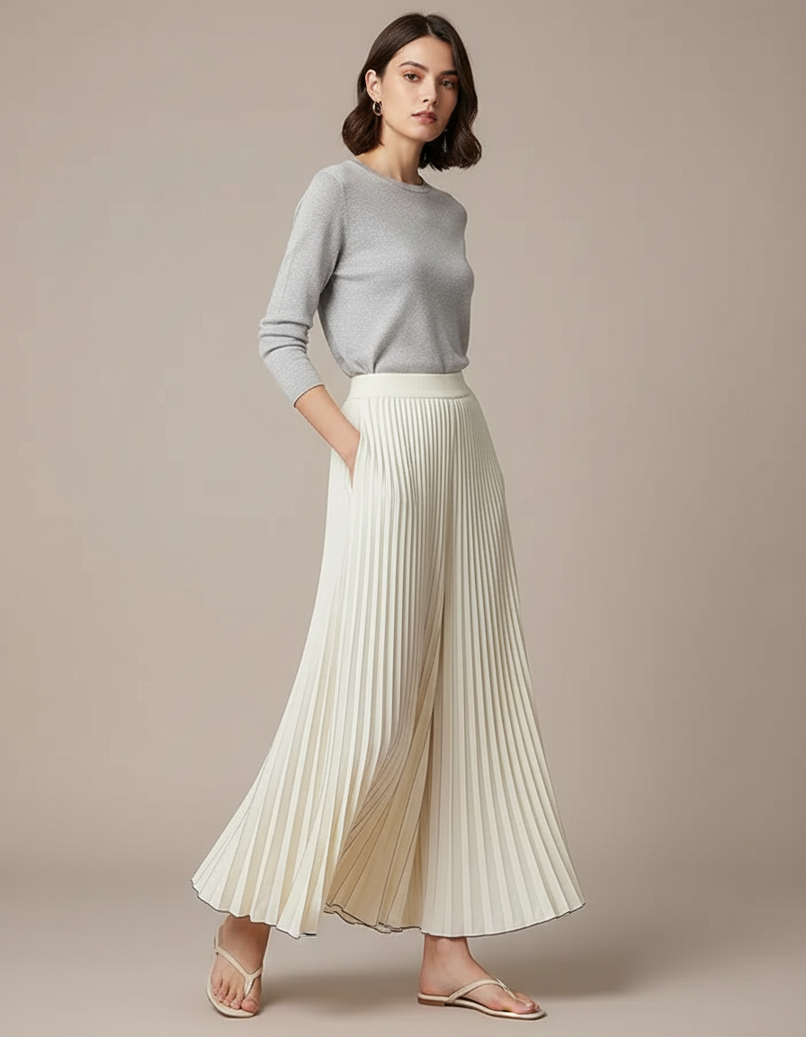 Pantalon Jupe Plissé Ample Fluide Élégant Beige - Polyester
