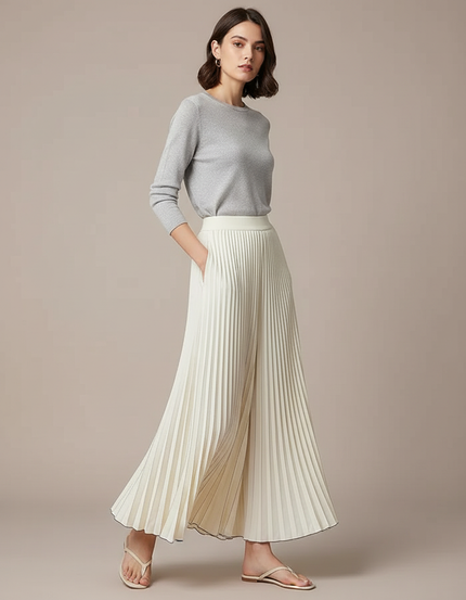 Pantalon Jupe Plissé Ample Fluide Élégant Beige - Polyester