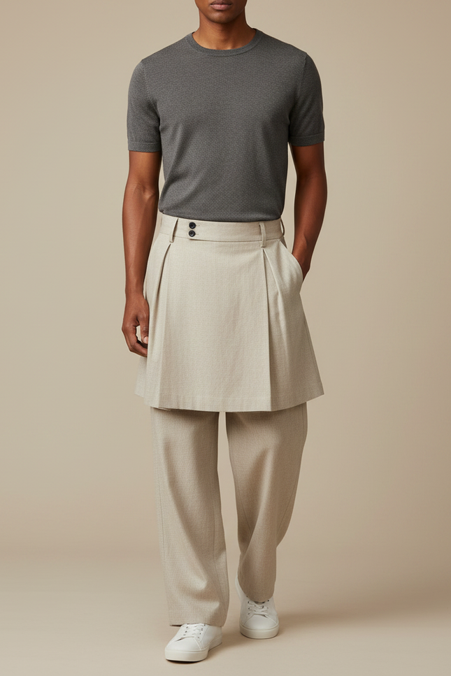 Pantalon Jupe Beige Plissé Ample Homme Moderne - Gabardine