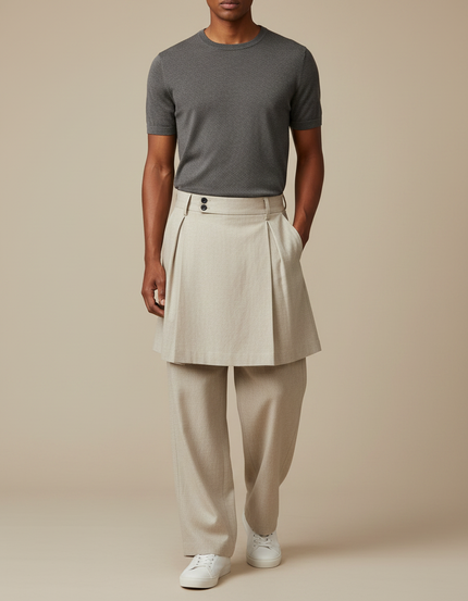 Pantalon Jupe Beige Plissé Ample Homme Moderne - Gabardine