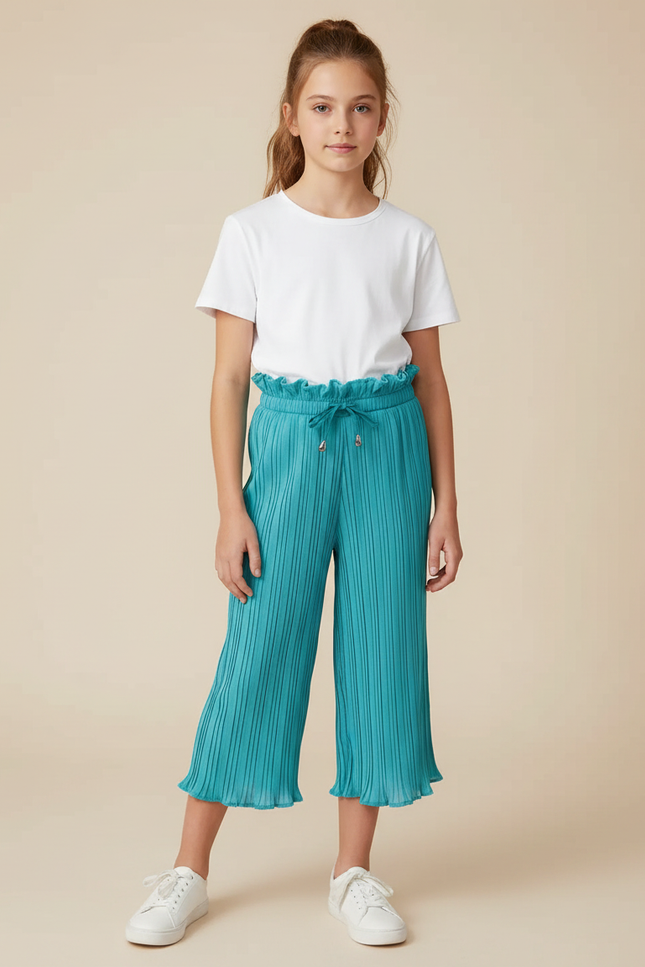 Pantalon Jupe Plissé Turquoise Ample Fille Décontracté - Bleu Polyester